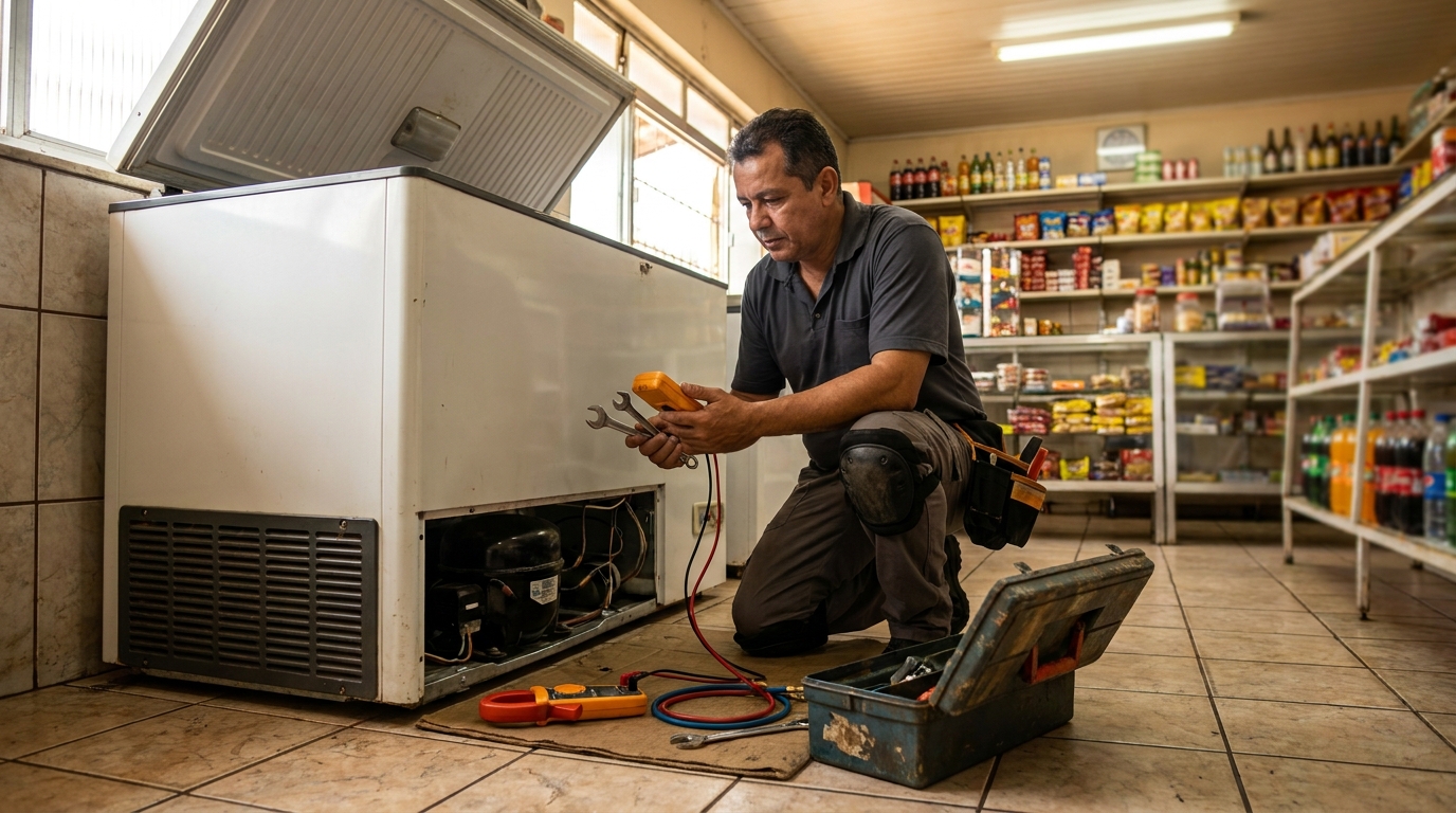 Técnico realizando manutenção de motor de freezer em Salvador‑BA