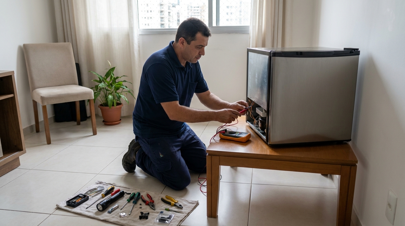 Técnico realizando manutenção de motor de frigobar em Salvador‑BA