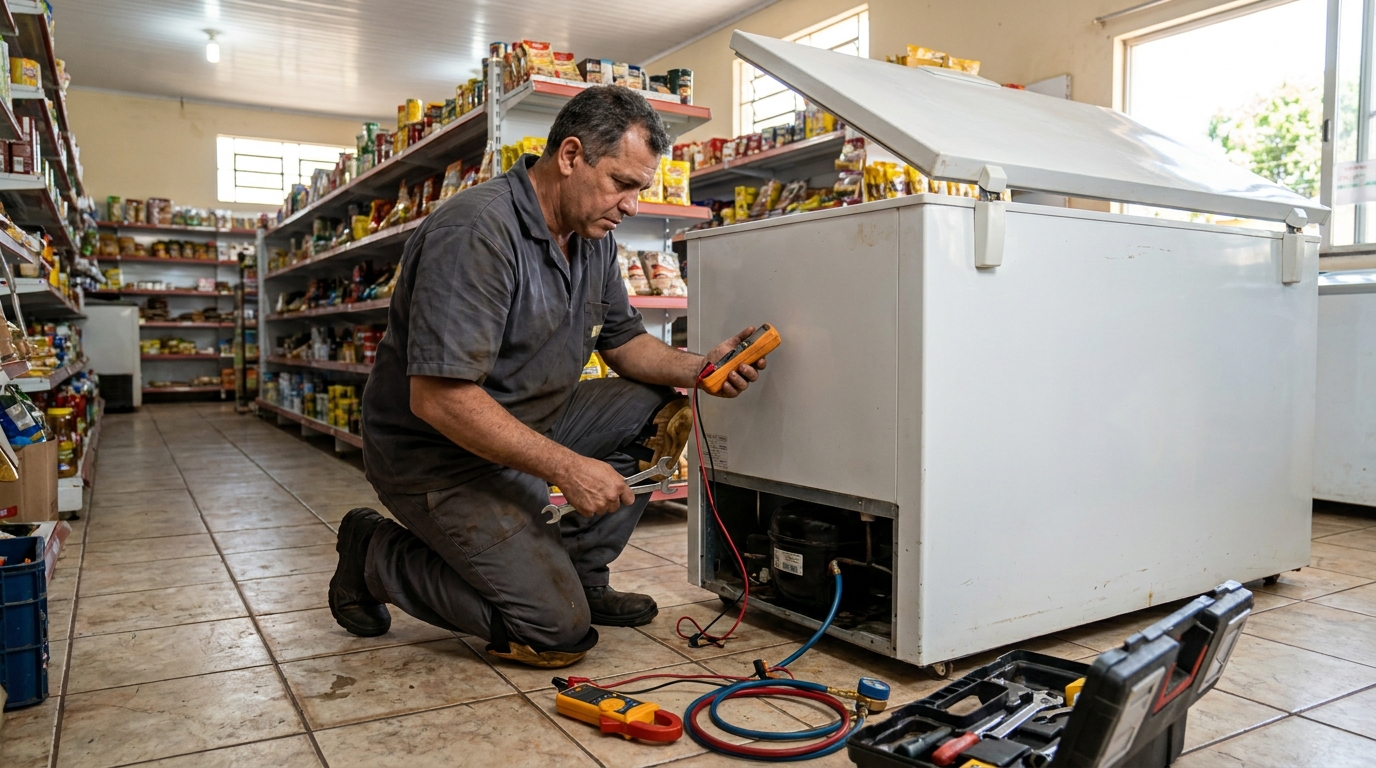 Troca de termostato de freezer em atendimento técnico em Salvador‑BA